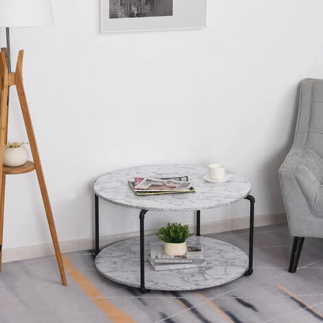 HOMCOM Table Basse Ronde Avec étagère Dim. Ø 80 X 45H Cm Panneaux Particules Imitation Marbre Blanc Métal Noir - Blanc 6 HOMCOM Table Basse Ronde Avec étagère Dim. Ø 80 X 45H Cm Panneaux Particules Imitation Marbre Blanc Métal Noir - Blanc – Image 4