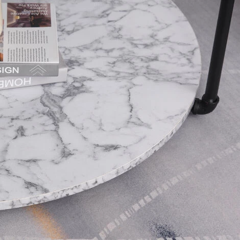 HOMCOM Table Basse Ronde Avec étagère Dim. Ø 80 X 45H Cm Panneaux Particules Imitation Marbre Blanc Métal Noir - Blanc 7 HOMCOM Table Basse Ronde Avec étagère Dim. Ø 80 X 45H Cm Panneaux Particules Imitation Marbre Blanc Métal Noir - Blanc – Image 5
