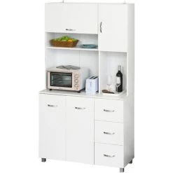 HOMCOM Armoire De Cuisine Multi-rangements 4 Portes 3 Tiroirs étagère + Grand Plateau 100L X 39l X 183H Cm MDF Blanc - Blanc