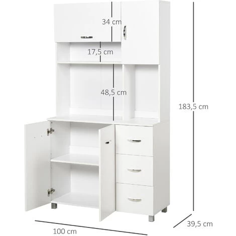 HOMCOM Armoire De Cuisine Multi-rangements 4 Portes 3 Tiroirs étagère + Grand Plateau 100L X 39l X 183H Cm MDF Blanc - Blanc 5 HOMCOM Armoire De Cuisine Multi-rangements 4 Portes 3 Tiroirs étagère + Grand Plateau 100L X 39l X 183H Cm MDF Blanc - Blanc – Image 3