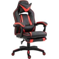 HOMCOM Fauteuil Gamer Grand Confort Fauteuil De Bureau Gamer Pivotant Inclinable Avec Coussins Et Repose-pieds Revêtement Synthétique Noir Rouge - Rouge