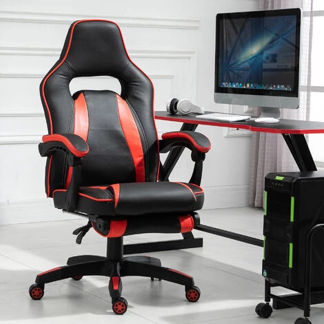 HOMCOM Fauteuil Gamer Grand Confort Fauteuil De Bureau Gamer Pivotant Inclinable Avec Coussins Et Repose-pieds Revêtement Synthétique Noir Rouge - Rouge 4 HOMCOM Fauteuil Gamer Grand Confort Fauteuil De Bureau Gamer Pivotant Inclinable Avec Coussins Et Repose-pieds Revêtement Synthétique Noir Rouge - Rouge – Image 2