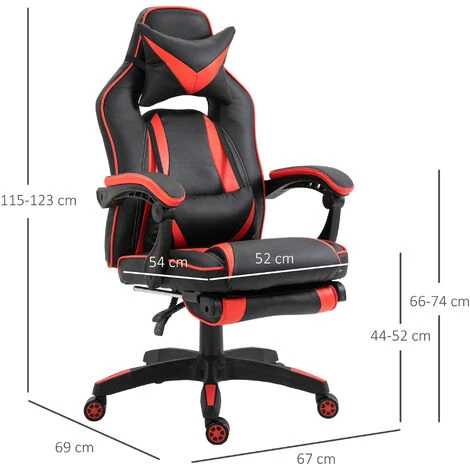 HOMCOM Fauteuil Gamer Grand Confort Fauteuil De Bureau Gamer Pivotant Inclinable Avec Coussins Et Repose-pieds Revêtement Synthétique Noir Rouge - Rouge 5 HOMCOM Fauteuil Gamer Grand Confort Fauteuil De Bureau Gamer Pivotant Inclinable Avec Coussins Et Repose-pieds Revêtement Synthétique Noir Rouge - Rouge – Image 3