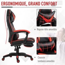 HOMCOM Fauteuil Gamer Grand Confort Fauteuil De Bureau Gamer Pivotant Inclinable Avec Coussins Et Repose-pieds Revêtement Synthétique Noir Rouge - Rouge 10 HOMCOM Fauteuil Gamer Grand Confort Fauteuil De Bureau Gamer Pivotant Inclinable Avec Coussins Et Repose-pieds Revêtement Synthétique Noir Rouge - Rouge -France HOMCOM Soldes 2022 25571018 4