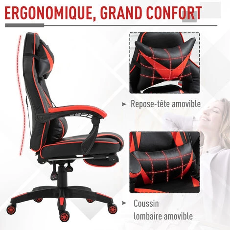 HOMCOM Fauteuil Gamer Grand Confort Fauteuil De Bureau Gamer Pivotant Inclinable Avec Coussins Et Repose-pieds Revêtement Synthétique Noir Rouge - Rouge 6 HOMCOM Fauteuil Gamer Grand Confort Fauteuil De Bureau Gamer Pivotant Inclinable Avec Coussins Et Repose-pieds Revêtement Synthétique Noir Rouge - Rouge – Image 4