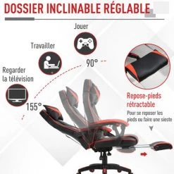 HOMCOM Fauteuil Gamer Grand Confort Fauteuil De Bureau Gamer Pivotant Inclinable Avec Coussins Et Repose-pieds Revêtement Synthétique Noir Rouge - Rouge 11 HOMCOM Fauteuil Gamer Grand Confort Fauteuil De Bureau Gamer Pivotant Inclinable Avec Coussins Et Repose-pieds Revêtement Synthétique Noir Rouge - Rouge -France HOMCOM Soldes 2022 25571018 5