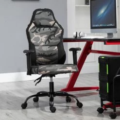 HOMCOM Fauteuil Gaming Militaire - Chaise Gamer - Inclinable, Hauteur Réglable Assise & Accoudoirs, Pivotant - Polyester Noir Vert -France HOMCOM Soldes 2022 26114448 2