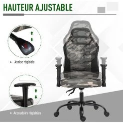 HOMCOM Fauteuil Gaming Militaire - Chaise Gamer - Inclinable, Hauteur Réglable Assise & Accoudoirs, Pivotant - Polyester Noir Vert -France HOMCOM Soldes 2022 26114448 5