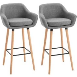 HOMCOM Tabourets De Bar Design Scandinave - Lot De 2 Tabourets De Bar Grand Confort Avec Repose-pieds Et Accoudoirs - Bois De Hêtre Lin Gris Chiné