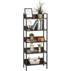 HOMCOM Étagère Bibliothèque Design Contemporain 5 Niveaux Dim. 64L X 30l X 158H Cm Panneaux Particules Aspect Vieux Bois Métal Noir