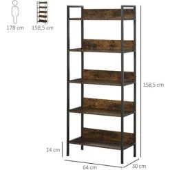 HOMCOM Étagère Bibliothèque Design Contemporain 5 Niveaux Dim. 64L X 30l X 158H Cm Panneaux Particules Aspect Vieux Bois Métal Noir -France HOMCOM Soldes 2022 26620301 3