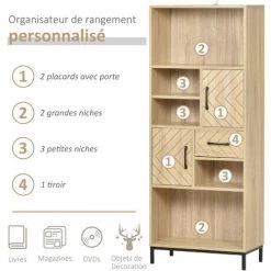 HOMCOM Biblliothèque 2 étagères 3 Niches 2 Placards + Tiroir Panneaux Particules MDF Chêne Clair Motif Graphique Métal Noir - Beige -France HOMCOM Soldes 2022 26898054 4