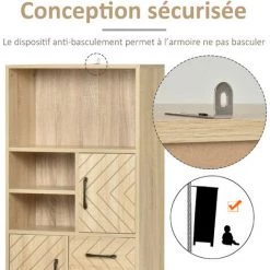 HOMCOM Biblliothèque 2 étagères 3 Niches 2 Placards + Tiroir Panneaux Particules MDF Chêne Clair Motif Graphique Métal Noir - Beige -France HOMCOM Soldes 2022 26898054 5
