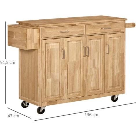 HOMCOM Desserte îlot De Cuisine Chariot De Service Aspect Bois - 2 Tiroirs Et 3 Armoires - étagères Réglables - Dim. 136L X 47l X 91,5H Cm - Coloris Bois Naturel 5 HOMCOM Desserte îlot De Cuisine Chariot De Service Aspect Bois - 2 Tiroirs Et 3 Armoires - étagères Réglables - Dim. 136L X 47l X 91,5H Cm - Coloris Bois Naturel – Image 3