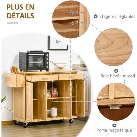 HOMCOM Desserte îlot De Cuisine Chariot De Service Aspect Bois - 2 Tiroirs Et 3 Armoires - étagères Réglables - Dim. 136L X 47l X 91,5H Cm - Coloris Bois Naturel 7 HOMCOM Desserte îlot De Cuisine Chariot De Service Aspect Bois - 2 Tiroirs Et 3 Armoires - étagères Réglables - Dim. 136L X 47l X 91,5H Cm - Coloris Bois Naturel – Image 5