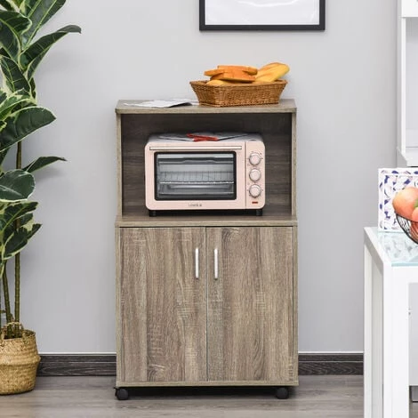 HOMCOM Chariot Desserte Micro-ondes Placard 2 Portes - Dim. 60,4L X 40,3l X 97H Cm - Imitation Bois - Gris 4 HOMCOM Chariot Desserte Micro-ondes Placard 2 Portes - Dim. 60,4L X 40,3l X 97H Cm - Imitation Bois - Gris – Image 2