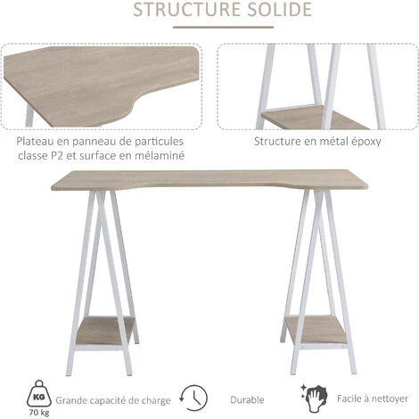 HOMCOM Bureau Informatique Design 2 étagères Grand Plateau Métal Blanc Panneaux Particules Imitation Bois Gris Clair - Gris 7 HOMCOM Bureau Informatique Design 2 étagères Grand Plateau Métal Blanc Panneaux Particules Imitation Bois Gris Clair - Gris – Image 5