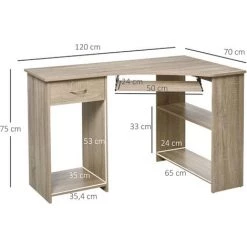 HOMCOM Bureau Informatique D'angle Tiroir Tablette Clavier étagère - Dim. 120L X 70l X 75H Cm - Panneaux Particules Chêne Clair -France HOMCOM Soldes 2022 26969062 3