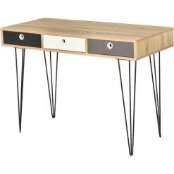 HOMCOM Table D'appoint Console Design Scandinave 3 Tiroirs Tricolores Pieds épingles Métal Noir Panneaux Particules Chêne Clair