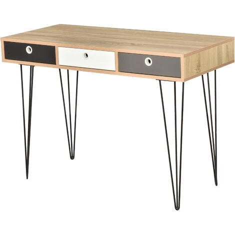 HOMCOM Table D'appoint Console Design Scandinave 3 Tiroirs Tricolores Pieds épingles Métal Noir Panneaux Particules Chêne Clair 3 HOMCOM Table D'appoint Console Design Scandinave 3 Tiroirs Tricolores Pieds épingles Métal Noir Panneaux Particules Chêne Clair