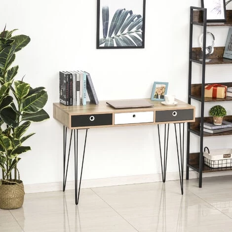 HOMCOM Table D'appoint Console Design Scandinave 3 Tiroirs Tricolores Pieds épingles Métal Noir Panneaux Particules Chêne Clair 4 HOMCOM Table D'appoint Console Design Scandinave 3 Tiroirs Tricolores Pieds épingles Métal Noir Panneaux Particules Chêne Clair – Image 2