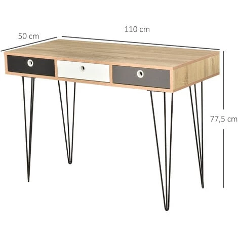 HOMCOM Table D'appoint Console Design Scandinave 3 Tiroirs Tricolores Pieds épingles Métal Noir Panneaux Particules Chêne Clair 5 HOMCOM Table D'appoint Console Design Scandinave 3 Tiroirs Tricolores Pieds épingles Métal Noir Panneaux Particules Chêne Clair – Image 3