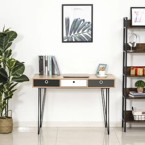 HOMCOM Table D'appoint Console Design Scandinave 3 Tiroirs Tricolores Pieds épingles Métal Noir Panneaux Particules Chêne Clair 6 HOMCOM Table D'appoint Console Design Scandinave 3 Tiroirs Tricolores Pieds épingles Métal Noir Panneaux Particules Chêne Clair – Image 4