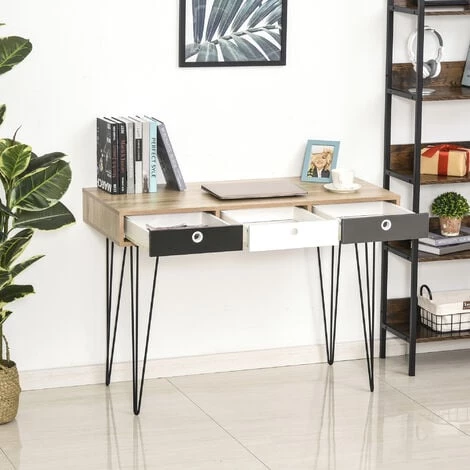 HOMCOM Table D'appoint Console Design Scandinave 3 Tiroirs Tricolores Pieds épingles Métal Noir Panneaux Particules Chêne Clair 7 HOMCOM Table D'appoint Console Design Scandinave 3 Tiroirs Tricolores Pieds épingles Métal Noir Panneaux Particules Chêne Clair – Image 5