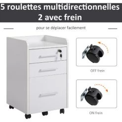 HOMCOM Caisson De Bureau Rangement Bureau Sur Roulettes 3 Tiroirs 1 Verrouillable 1 Trieur Dossiers MDF Panneaux Particules Blanc - Blanc -France HOMCOM Soldes 2022 27155585 3