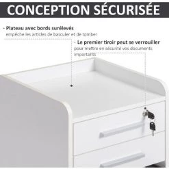 HOMCOM Caisson De Bureau Rangement Bureau Sur Roulettes 3 Tiroirs 1 Verrouillable 1 Trieur Dossiers MDF Panneaux Particules Blanc - Blanc -France HOMCOM Soldes 2022 27155585 4
