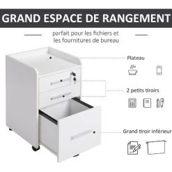 HOMCOM Caisson De Bureau Rangement Bureau Sur Roulettes 3 Tiroirs 1 Verrouillable 1 Trieur Dossiers MDF Panneaux Particules Blanc - Blanc -France HOMCOM Soldes 2022 27155585 5