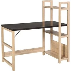 HOMCOM Bureau Bibliothèque 2 En 1 - 3 étagères - Bicolore Imitation Bois Chêne Clair Noyer Foncé