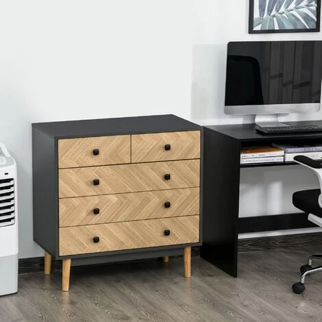 HOMCOM Commode 5 Tiroirs Design Scandinave Graphique Dim. 80L X 40l X 80H Cm Panneaux De Particules Gris Foncé Chêne Clair 4 HOMCOM Commode 5 Tiroirs Design Scandinave Graphique Dim. 80L X 40l X 80H Cm Panneaux De Particules Gris Foncé Chêne Clair – Image 2