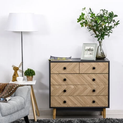 HOMCOM Commode 5 Tiroirs Design Scandinave Graphique Dim. 80L X 40l X 80H Cm Panneaux De Particules Gris Foncé Chêne Clair 6 HOMCOM Commode 5 Tiroirs Design Scandinave Graphique Dim. 80L X 40l X 80H Cm Panneaux De Particules Gris Foncé Chêne Clair – Image 4