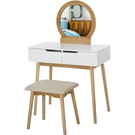 HOMCOM Coiffeuse Design Scandinave Table De Maquillage Avec Miroir, 2 Tiroirs Et Tabouret Blanc Pin Clair 3 HOMCOM Coiffeuse Design Scandinave Table De Maquillage Avec Miroir, 2 Tiroirs Et Tabouret Blanc Pin Clair