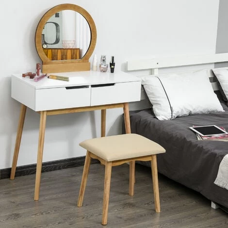 HOMCOM Coiffeuse Design Scandinave Table De Maquillage Avec Miroir, 2 Tiroirs Et Tabouret Blanc Pin Clair 4 HOMCOM Coiffeuse Design Scandinave Table De Maquillage Avec Miroir, 2 Tiroirs Et Tabouret Blanc Pin Clair – Image 2