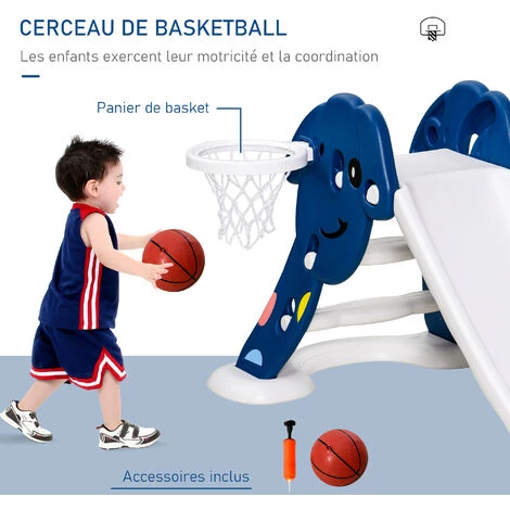 HOMCOM Toboggan Enfant Panier Basket 18-48 Mois Usage Intérieur Extérieur Dim. 146L X 68l X 68H Cm Balle + Pompe Incluses HDPE Bleu Blanc 6 HOMCOM Toboggan Enfant Panier Basket 18-48 Mois Usage Intérieur Extérieur Dim. 146L X 68l X 68H Cm Balle + Pompe Incluses HDPE Bleu Blanc – Image 4