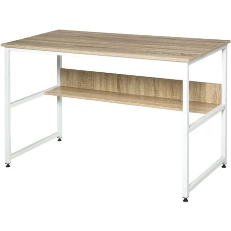 HOMCOM Table Informatique Bureau Dim. 120L X 60l X 75H Cm étagère Panneaux Particules Chêne Clair Métal Blanc - Beige 3 HOMCOM Table Informatique Bureau Dim. 120L X 60l X 75H Cm étagère Panneaux Particules Chêne Clair Métal Blanc - Beige