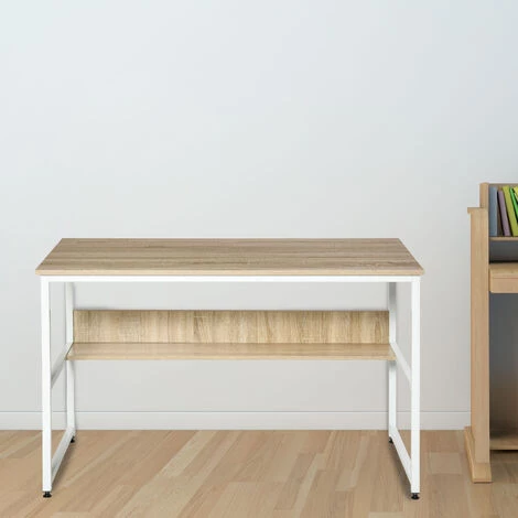 HOMCOM Table Informatique Bureau Dim. 120L X 60l X 75H Cm étagère Panneaux Particules Chêne Clair Métal Blanc - Beige 4 HOMCOM Table Informatique Bureau Dim. 120L X 60l X 75H Cm étagère Panneaux Particules Chêne Clair Métal Blanc - Beige – Image 2