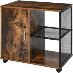 HOMCOM Support D'imprimante - Caisson Organiseur Bureau - Placard Porte, 2 Niches, Grand Plateau - Panneaux Particules Coloris Boisé Métal Noir - Marron