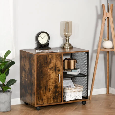 HOMCOM Support D'imprimante - Caisson Organiseur Bureau - Placard Porte, 2 Niches, Grand Plateau - Panneaux Particules Coloris Boisé Métal Noir - Marron 4 HOMCOM Support D'imprimante - Caisson Organiseur Bureau - Placard Porte, 2 Niches, Grand Plateau - Panneaux Particules Coloris Boisé Métal Noir - Marron – Image 2