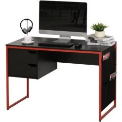 HOMCOM Bureau Gaming Bureau Gamer Bureau Informatique 2 Tiroirs 4 Poches Latérales Métal Rouge Panneaux Particules Noir