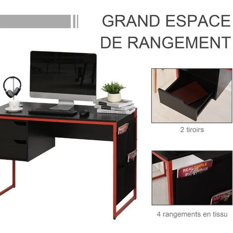 HOMCOM Bureau Gaming Bureau Gamer Bureau Informatique 2 Tiroirs 4 Poches Latérales Métal Rouge Panneaux Particules Noir 7 HOMCOM Bureau Gaming Bureau Gamer Bureau Informatique 2 Tiroirs 4 Poches Latérales Métal Rouge Panneaux Particules Noir – Image 5