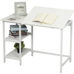 HOMCOM Table à Dessin Bureau Inclinable Design Contemporain Dim. 110L X 55l X 76H Cm 2 étagères Panneaux Particules Métal Blanc - Blanc