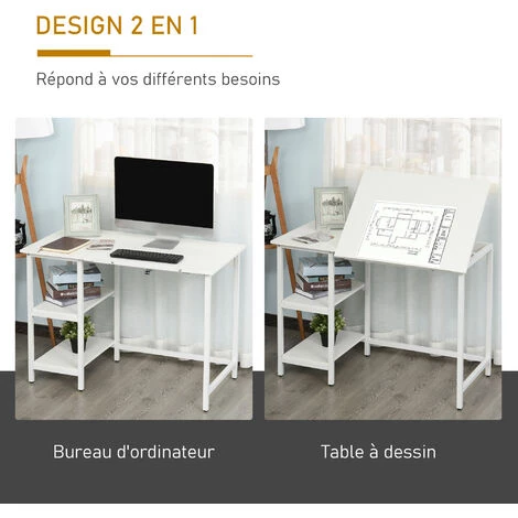 HOMCOM Table à Dessin Bureau Inclinable Design Contemporain Dim. 110L X 55l X 76H Cm 2 étagères Panneaux Particules Métal Blanc - Blanc 7 HOMCOM Table à Dessin Bureau Inclinable Design Contemporain Dim. 110L X 55l X 76H Cm 2 étagères Panneaux Particules Métal Blanc - Blanc – Image 5