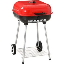 HOMCOM Barbecue à Charbon BBQ Grill Sur Pied Avec Couvercle Et Roulettes Dim. 47L X 45l X 70H Cm Acier émaillé Rouge - Rouge