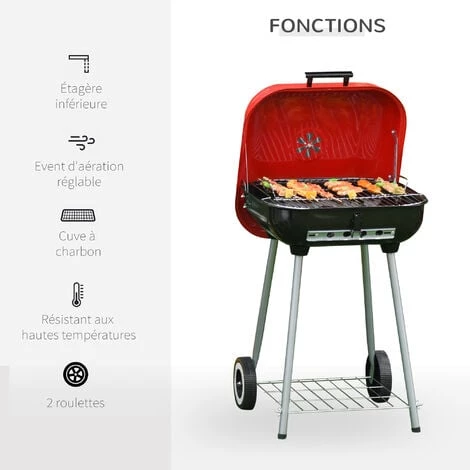 HOMCOM Barbecue à Charbon BBQ Grill Sur Pied Avec Couvercle Et Roulettes Dim. 47L X 45l X 70H Cm Acier émaillé Rouge - Rouge 5 HOMCOM Barbecue à Charbon BBQ Grill Sur Pied Avec Couvercle Et Roulettes Dim. 47L X 45l X 70H Cm Acier émaillé Rouge - Rouge – Image 3