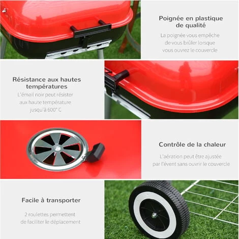 HOMCOM Barbecue à Charbon BBQ Grill Sur Pied Avec Couvercle Et Roulettes Dim. 47L X 45l X 70H Cm Acier émaillé Rouge - Rouge 7 HOMCOM Barbecue à Charbon BBQ Grill Sur Pied Avec Couvercle Et Roulettes Dim. 47L X 45l X 70H Cm Acier émaillé Rouge - Rouge – Image 5