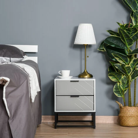 HOMCOM Table De Chevet Table De Nuit 2 Tiroirs Coulissants Façade Motif à Chevron Gris Panneaux Particules Blanc Piètement Métal Noir - Gris 4 HOMCOM Table De Chevet Table De Nuit 2 Tiroirs Coulissants Façade Motif à Chevron Gris Panneaux Particules Blanc Piètement Métal Noir - Gris – Image 2