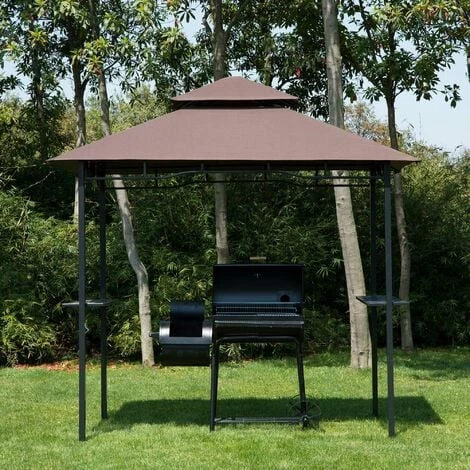 HOMCOM Pavillon Abri Tonnelle De Jardin Pour Barbecue Double Toit 2 Tablettes Incluses Tissu Polyester Acier 2,45 X 1,48 X 2,55 M Chocolat - Marron 4 HOMCOM Pavillon Abri Tonnelle De Jardin Pour Barbecue Double Toit 2 Tablettes Incluses Tissu Polyester Acier 2,45 X 1,48 X 2,55 M Chocolat - Marron – Image 2